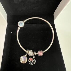 Pandora Silver Charm Bracelet with Heart and Flag Charms